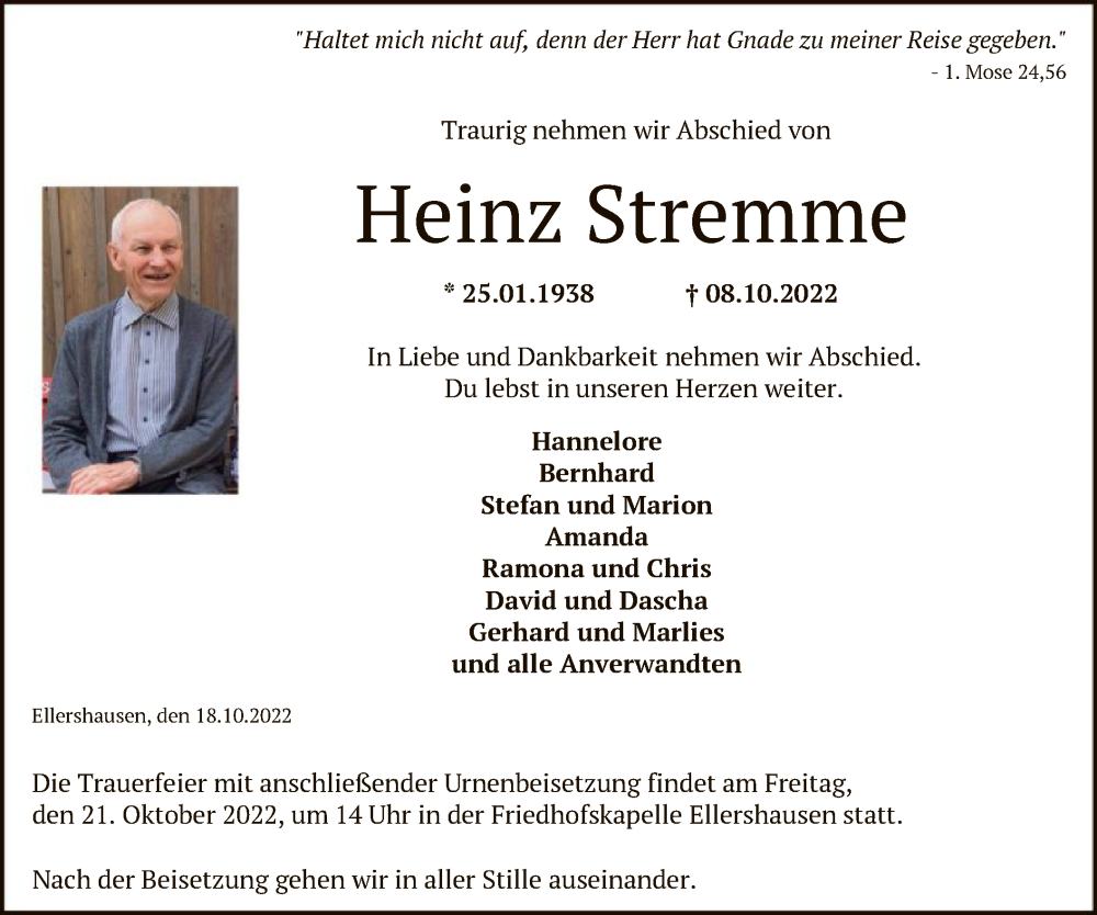  Traueranzeige für Heinz Stremme vom 18.10.2022 aus HNA