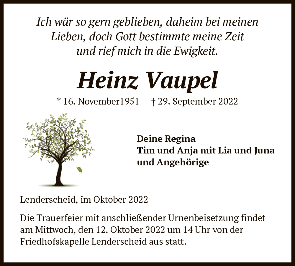  Traueranzeige für Heinz Vaupel vom 08.10.2022 aus HNA