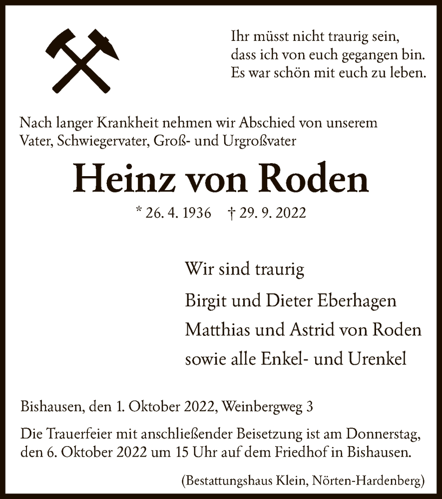  Traueranzeige für Heinz von Roden vom 01.10.2022 aus HNA