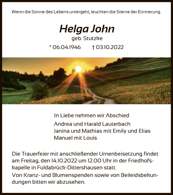 Traueranzeige von Helga John von HNA