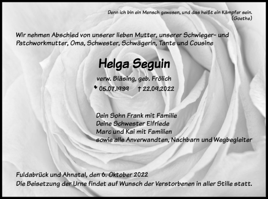 Traueranzeige von Helga Seguin von HNA