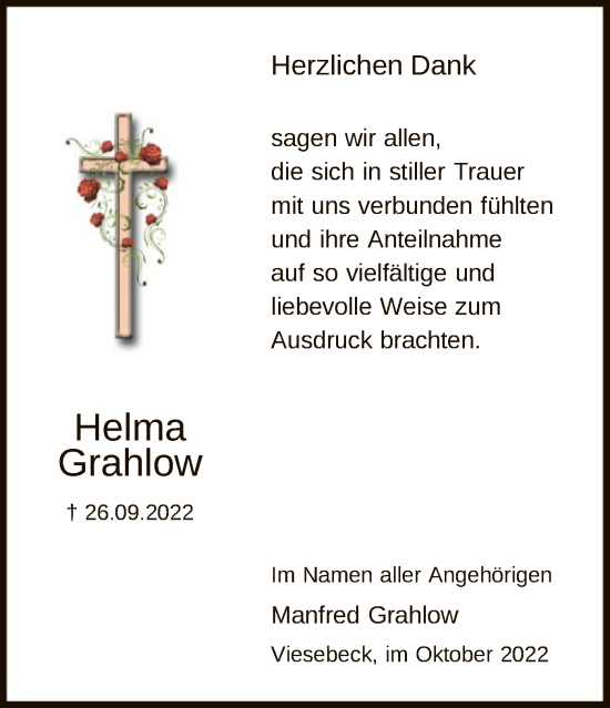 Traueranzeige von Helma Grahlow von HNA