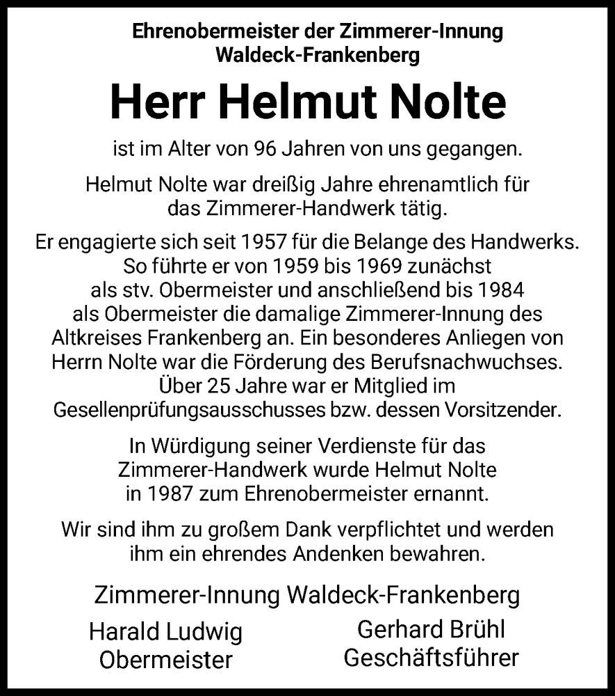  Traueranzeige für Helmut Nolte vom 19.10.2022 aus HNA