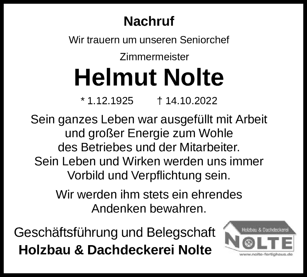 Traueranzeige für Helmut Nolte vom 20.10.2022 aus HNA