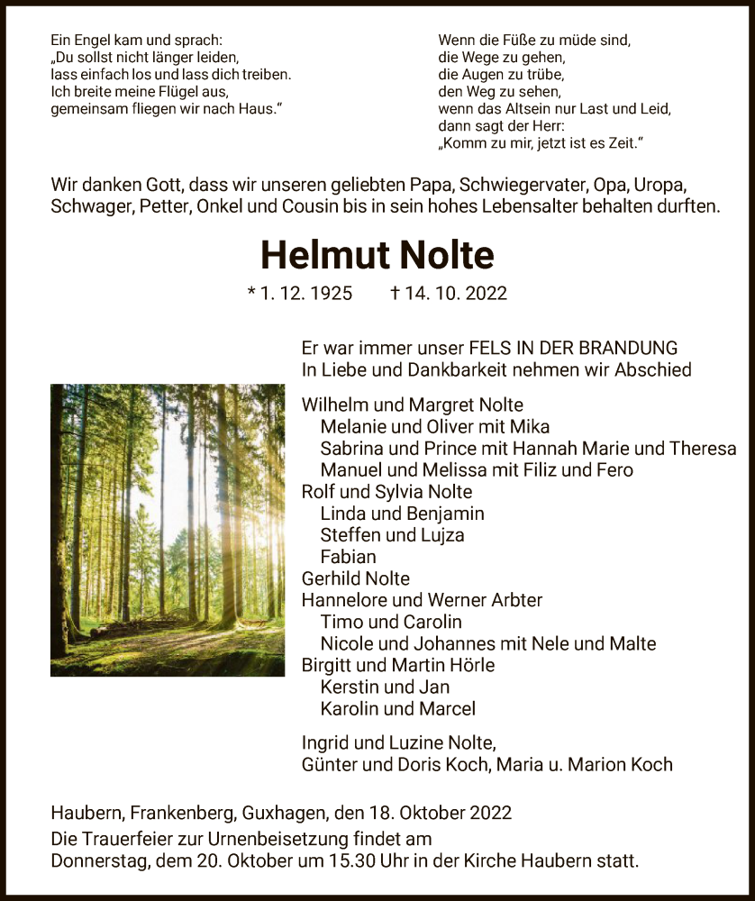  Traueranzeige für Helmut Nolte vom 18.10.2022 aus HNA