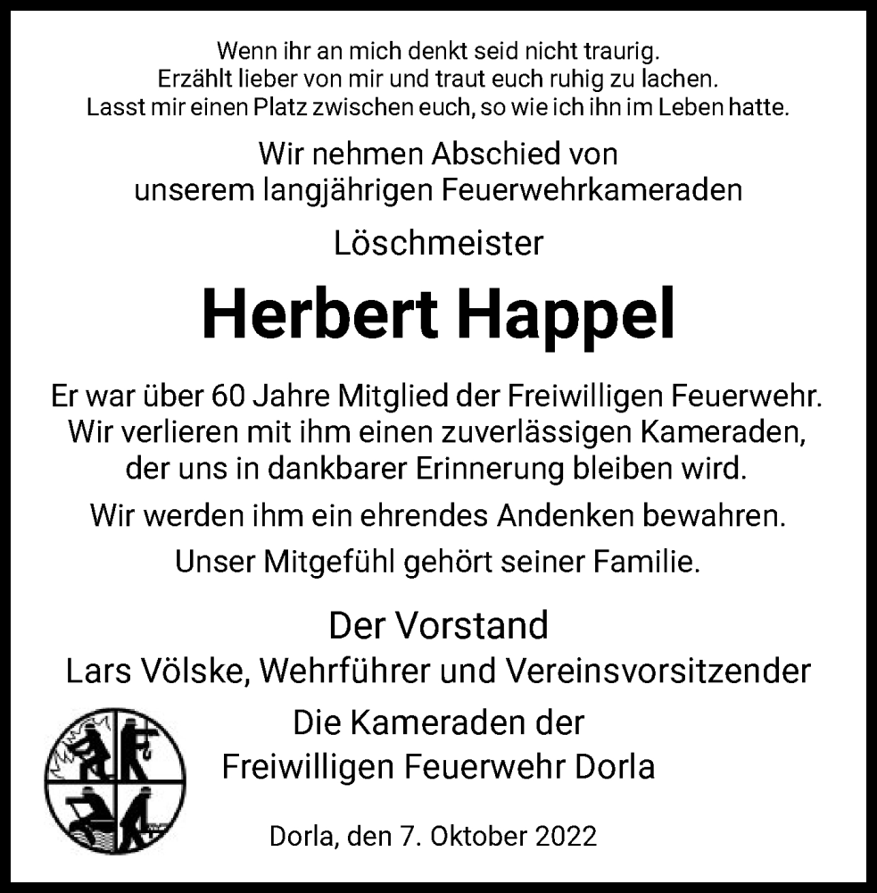 Traueranzeige für Herbert Happel vom 07.10.2022 aus HNA