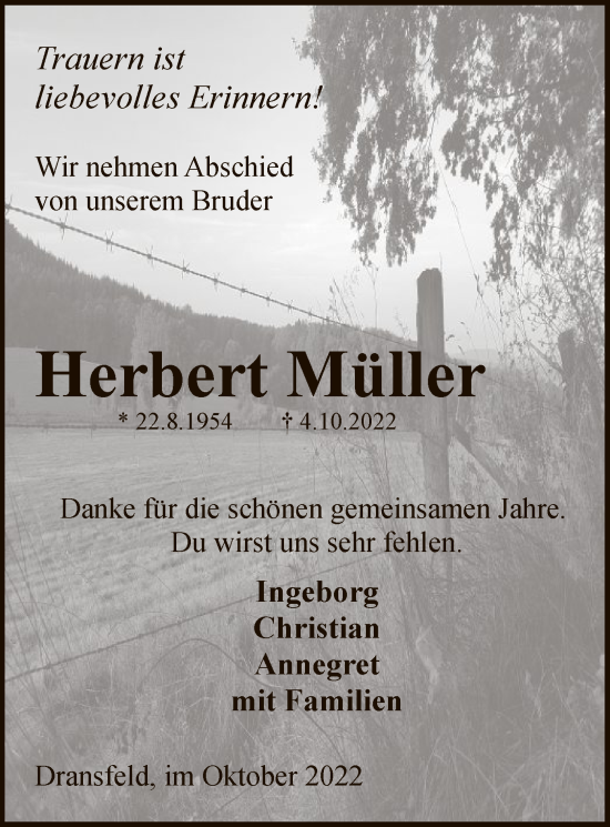 Traueranzeige von Herbert Müller von HNA