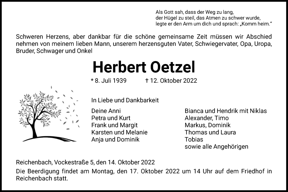  Traueranzeige für Herbert Oetzel vom 14.10.2022 aus HNA