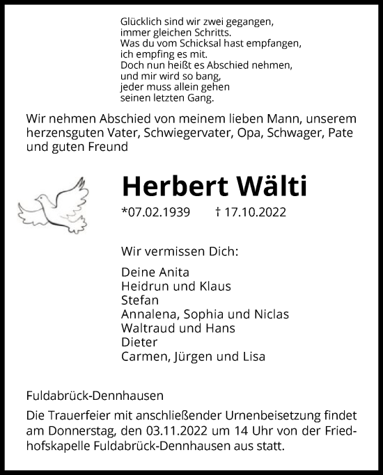 Traueranzeige von Herbert Wälti von HNA