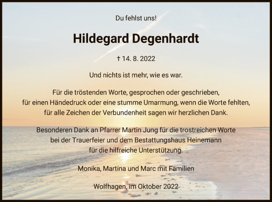 Traueranzeige von Hildegard Degenhardt von HNA