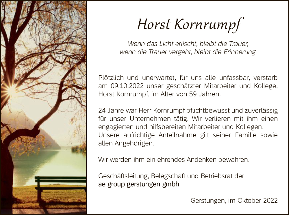  Traueranzeige für Horst Kornrumpf vom 25.10.2022 aus HNA