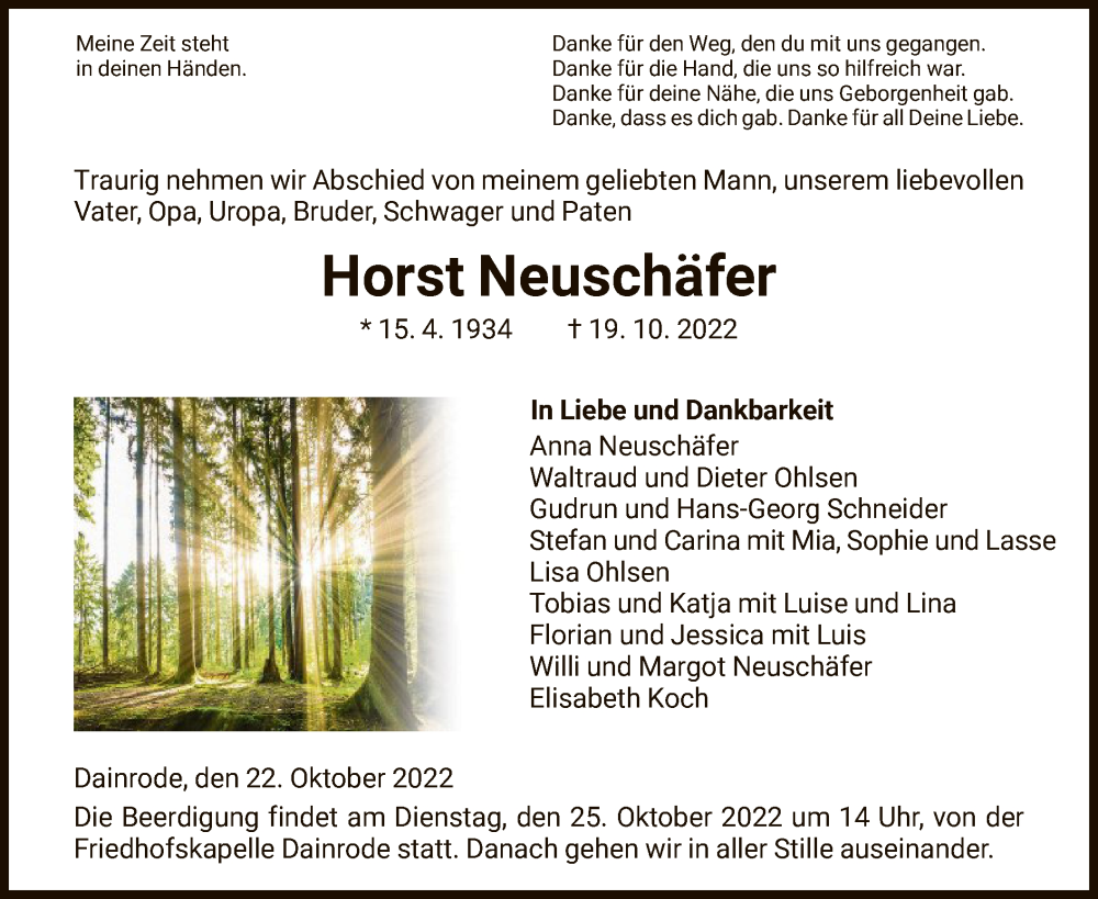  Traueranzeige für Horst Neuschäfer vom 22.10.2022 aus HNA