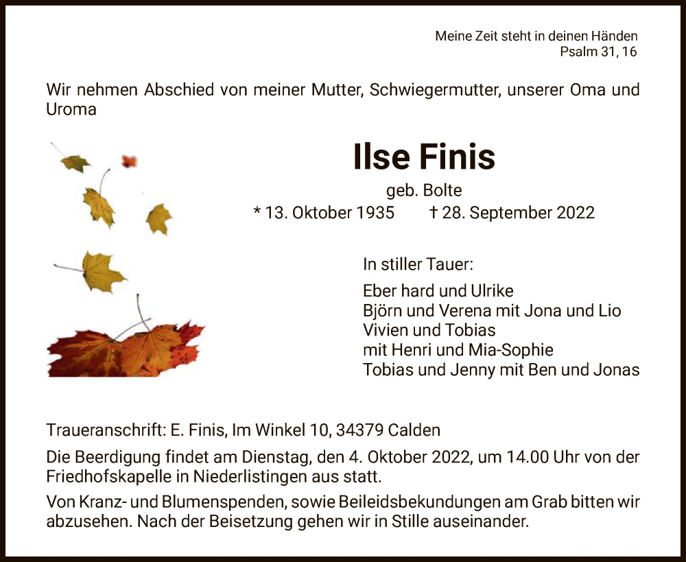  Traueranzeige für Ilse Finis vom 01.10.2022 aus HNA