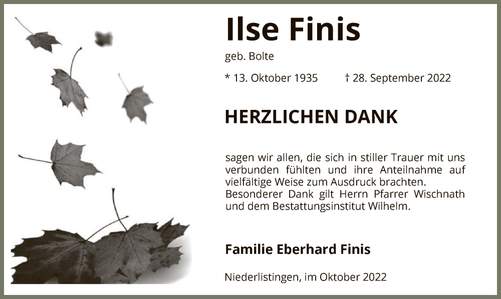  Traueranzeige für Ilse Finis vom 29.10.2022 aus HNA