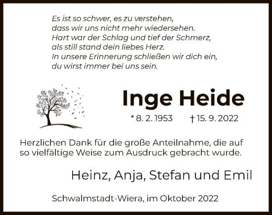 Traueranzeige von Inge Heide von HNA