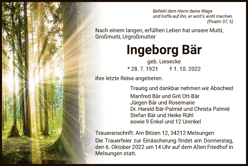  Traueranzeige für Ingeborg Bär vom 05.10.2022 aus HNA