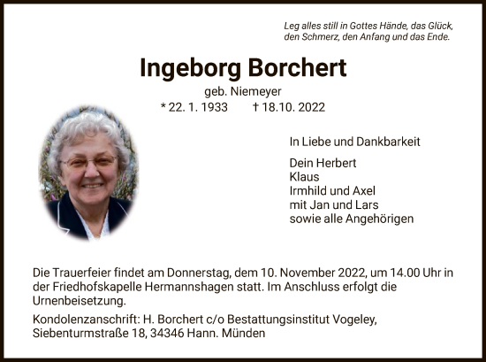 Traueranzeige von Ingeborg Borchert von HNA
