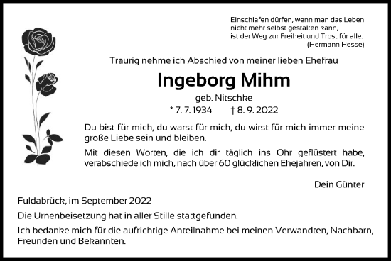 Traueranzeige von Ingeborg Mihm von HNA