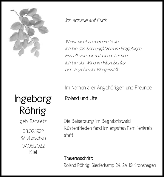 Traueranzeige von Ingeborg Röhrig von HNA
