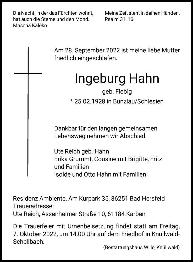  Traueranzeige für Ingeburg Hahn vom 04.10.2022 aus HNA