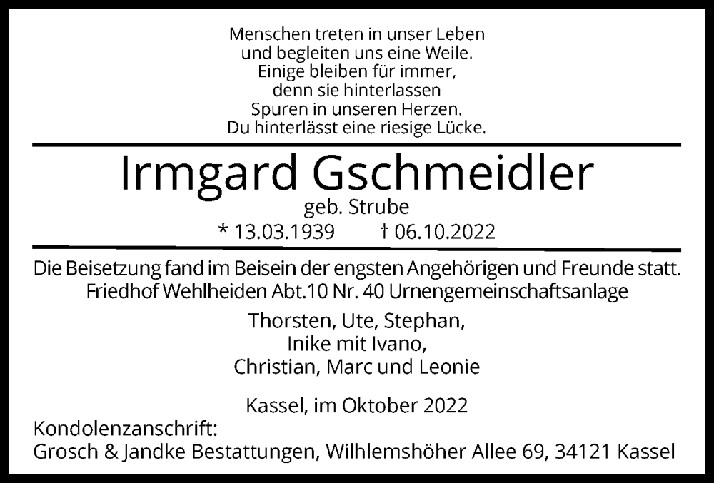  Traueranzeige für Irmgard Gschmeidler vom 22.10.2022 aus HNA