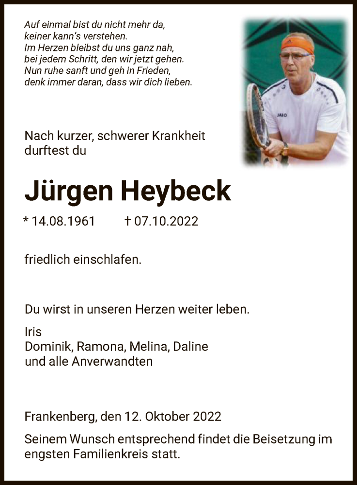  Traueranzeige für Jürgen Heybeck vom 12.10.2022 aus HNA
