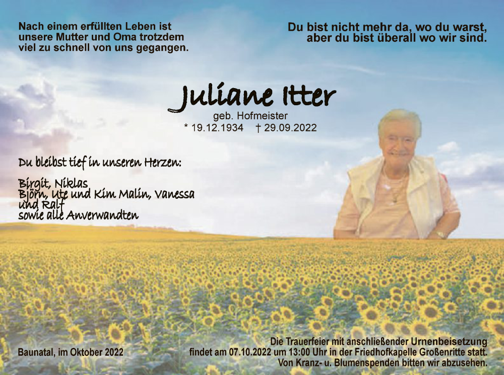  Traueranzeige für Juliane Itter vom 06.10.2022 aus HNA