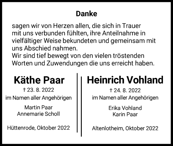 Traueranzeige von Käthe und Heinrich Paar, Vohland von HNA
