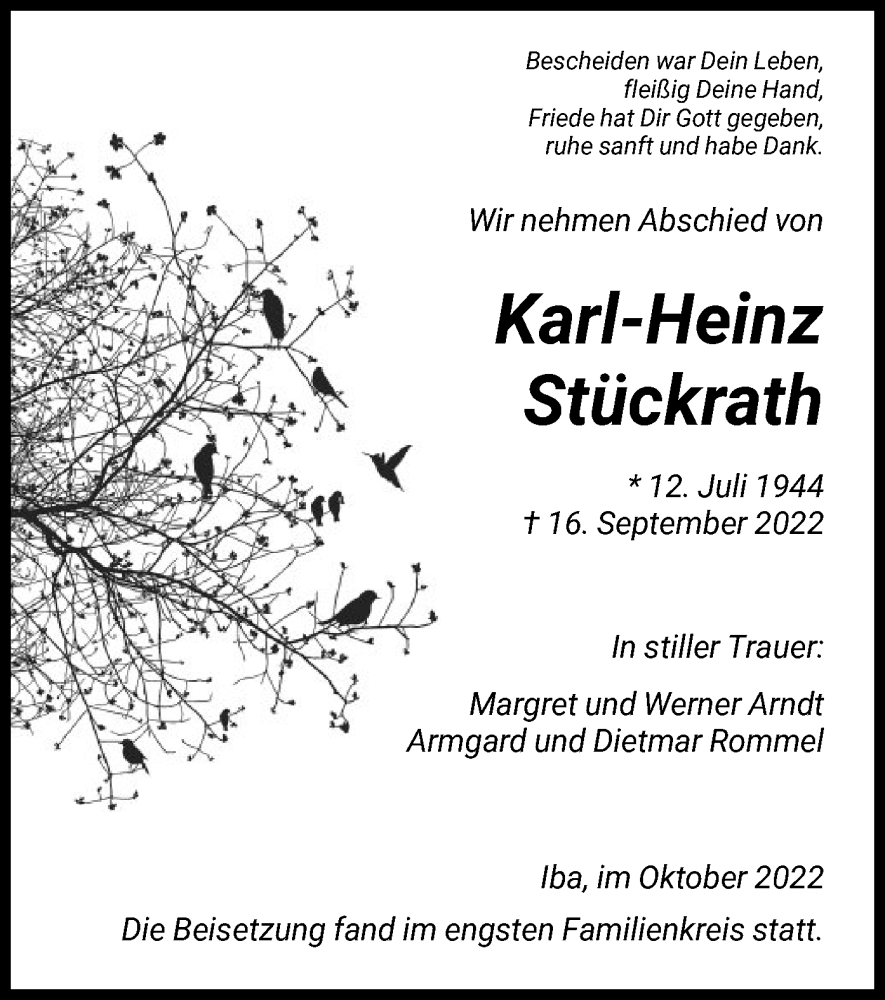  Traueranzeige für Karl-Heinz Stückrath vom 22.10.2022 aus HNA