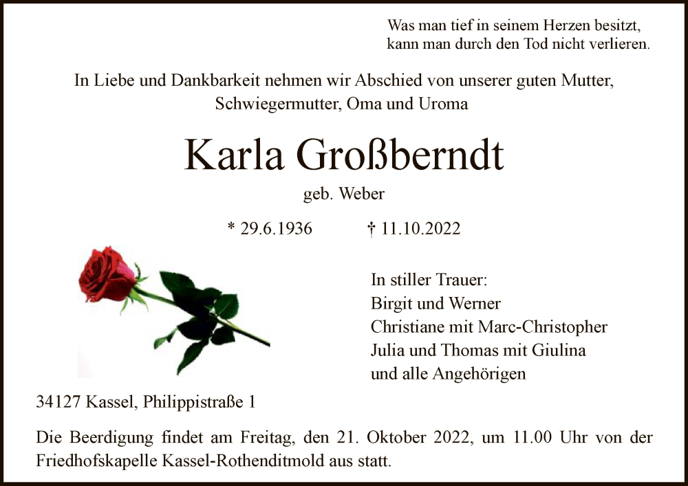  Traueranzeige für Karla Großberndt vom 15.10.2022 aus HNA