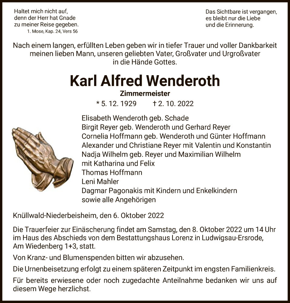  Traueranzeige für Karl Alfred Wenderoth vom 06.10.2022 aus HNA
