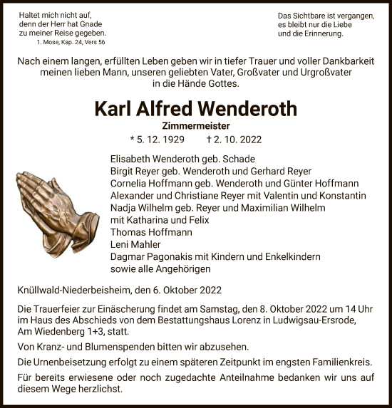 Traueranzeige von Karl Alfred Wenderoth von HNA