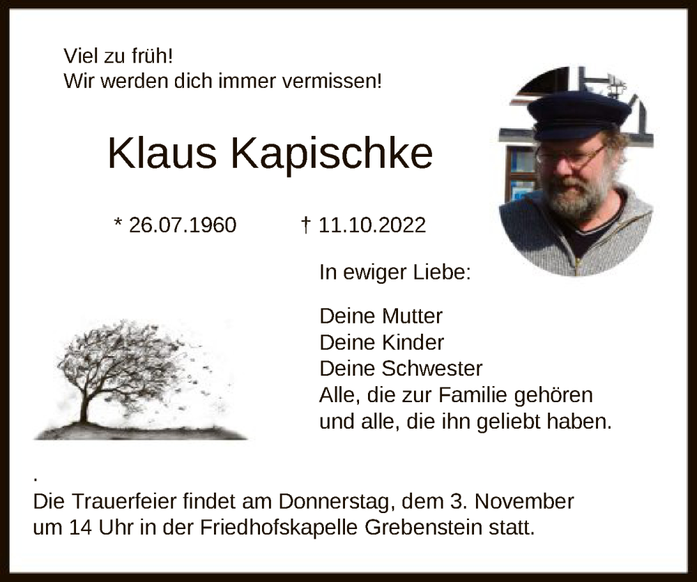  Traueranzeige für Klaus Kapischke vom 19.10.2022 aus HNA