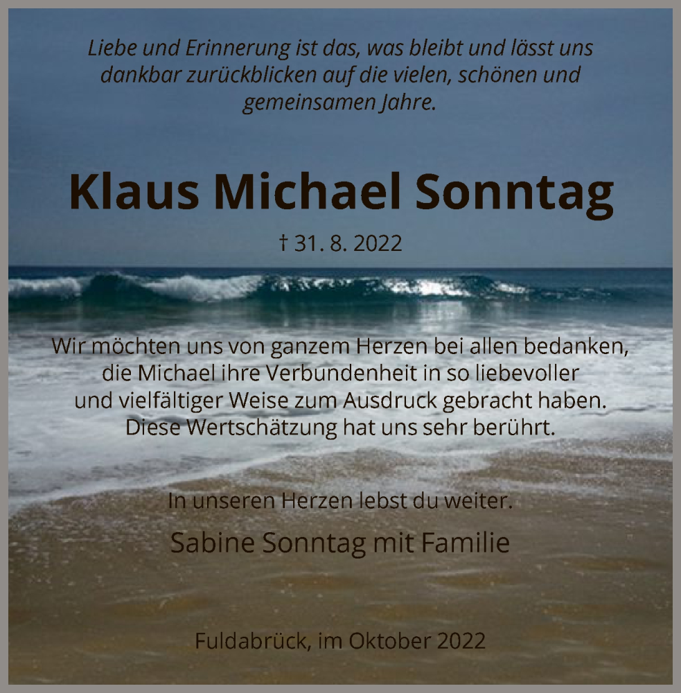  Traueranzeige für Klaus Michael Sonntag vom 01.10.2022 aus HNA