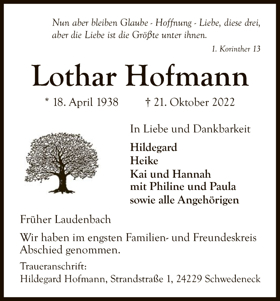  Traueranzeige für Lothar Hofmann vom 29.10.2022 aus HNA