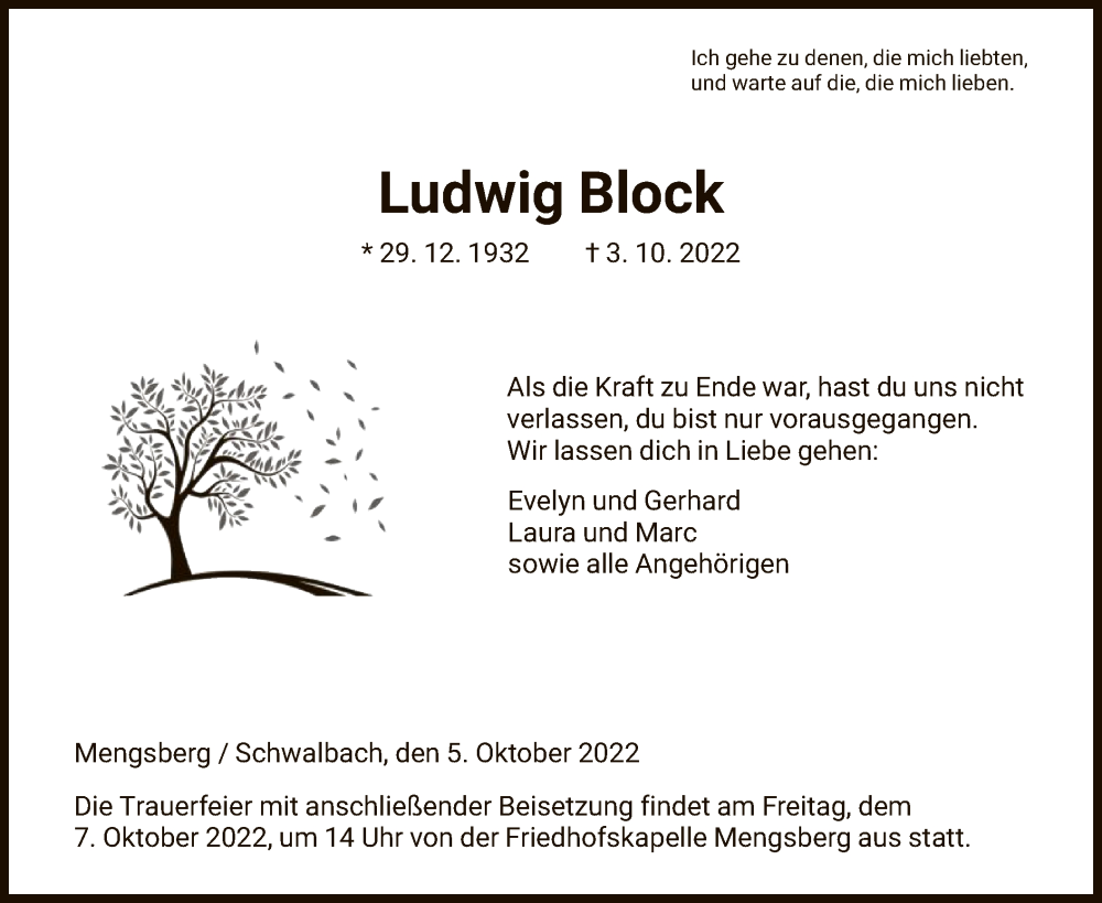  Traueranzeige für Ludwig Block vom 05.10.2022 aus HNA