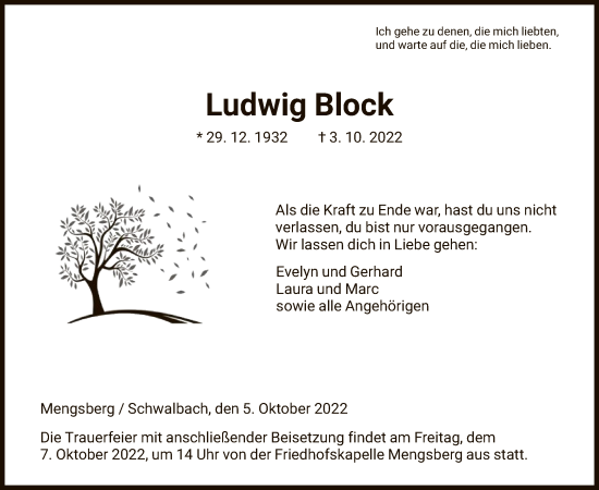 Traueranzeige von Ludwig Block von HNA
