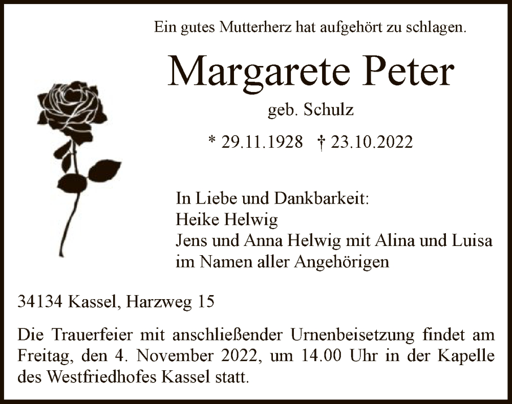  Traueranzeige für Margarete Peter vom 29.10.2022 aus HNA