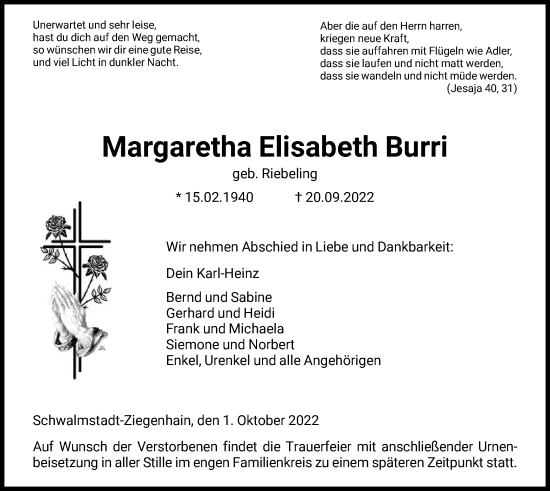 Traueranzeige von Margaretha Elisabeth Burri von HNA