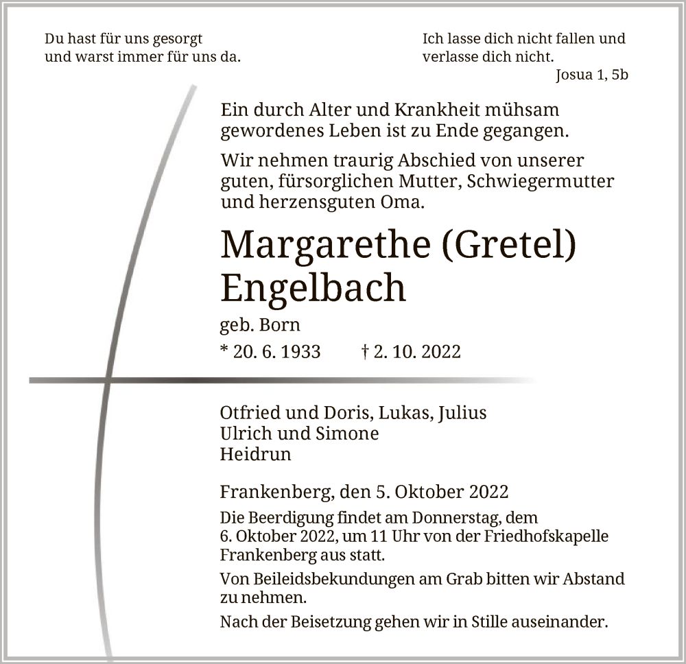  Traueranzeige für Margarethe Engelbach vom 05.10.2022 aus HNA
