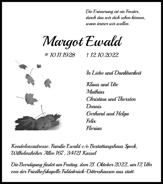 Traueranzeige von Margot Ewald von HNA