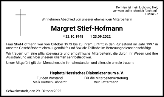 Traueranzeige von Margret Stief-Hofmann von HNA