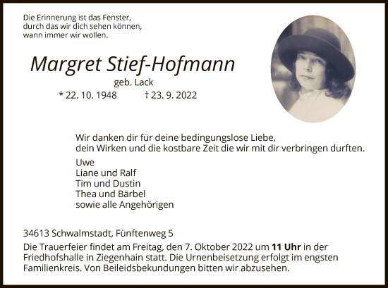 Traueranzeige von Margret Stief-Hofmann von HNA