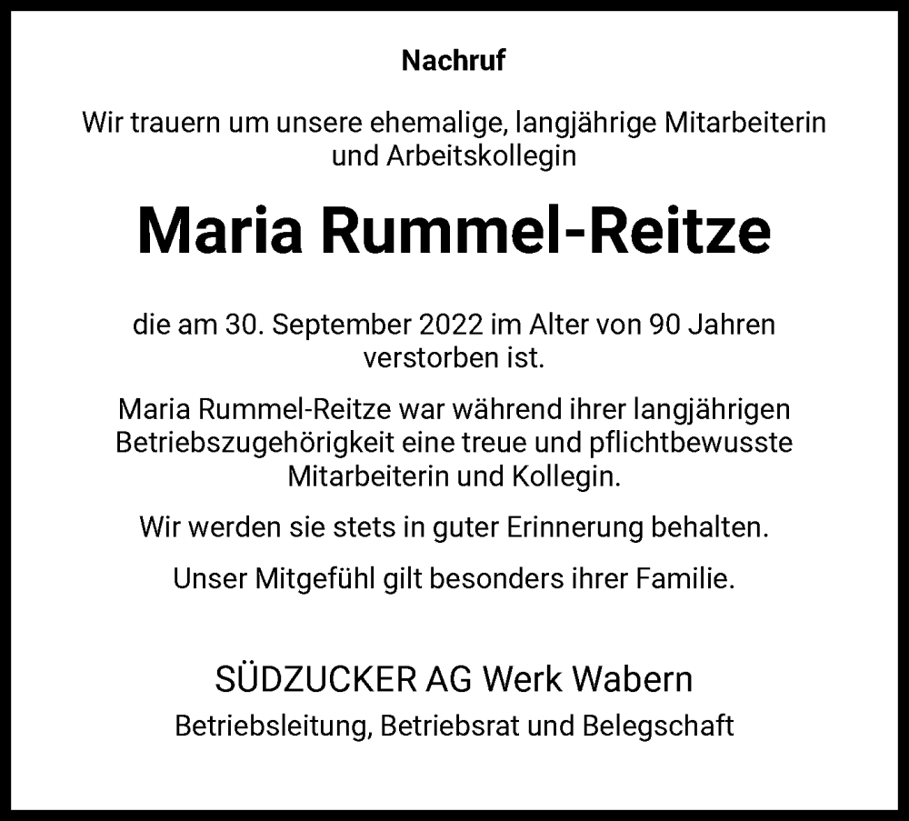  Traueranzeige für Maria Rummel-Reitze vom 07.10.2022 aus HNA