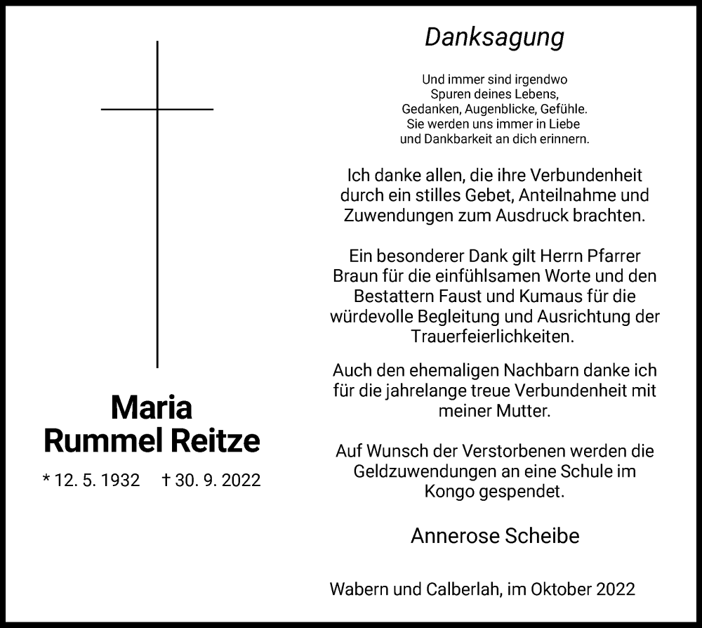  Traueranzeige für Maria Rummel Reitze vom 29.10.2022 aus HNA