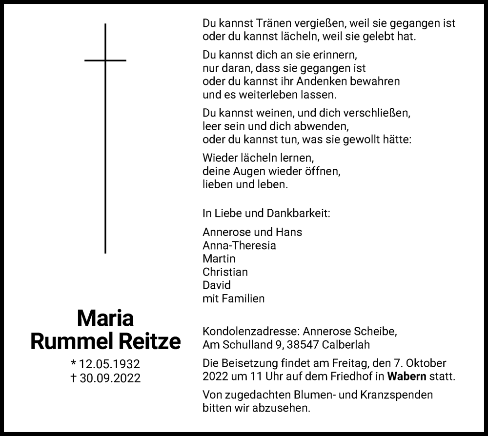  Traueranzeige für Maria Rummel Reitze vom 05.10.2022 aus HNA