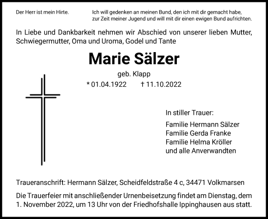 Traueranzeige von Marie Sälzer von HNA