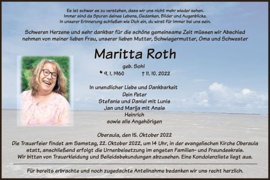 Traueranzeige von Maritta Roth von HNA