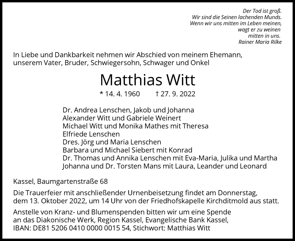  Traueranzeige für Matthias Witt vom 10.10.2022 aus HNA