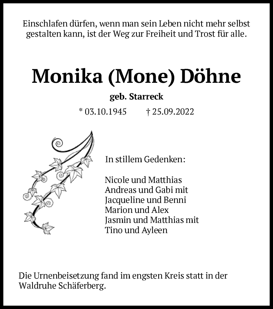  Traueranzeige für Monika Döhne vom 22.10.2022 aus HNA